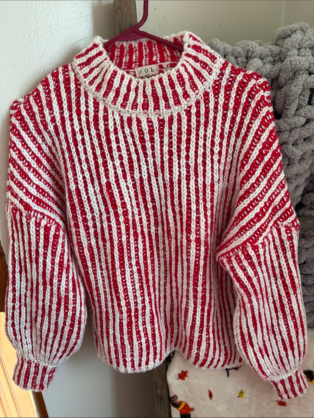 POL Red and White Ribbed Striped Crewneck Sweater